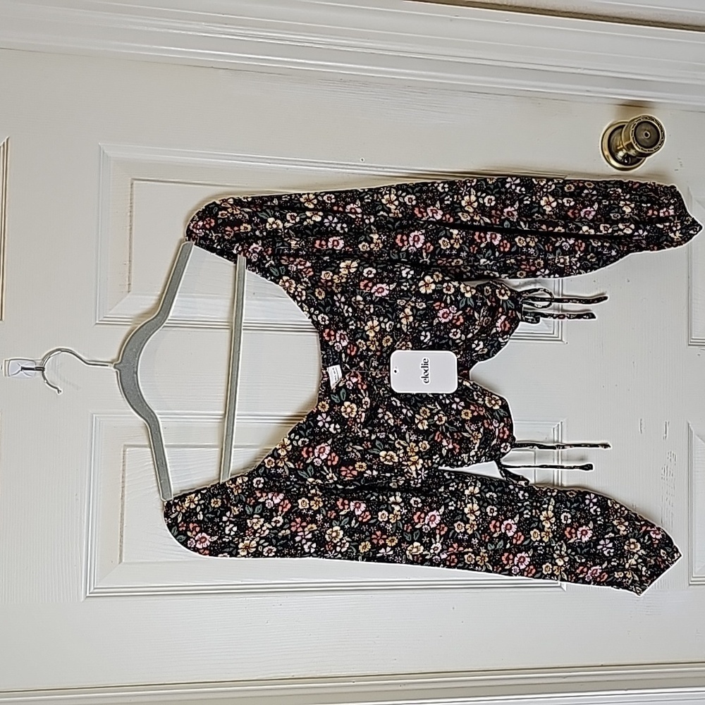 Elodie Floral Black Yellow Pink Elasticized Off Shoulder Rucshed Side Tie Top S - Picture 3 of 13